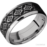 8 mm wide/Beveled/Cobalt Chrome band with one 6 mm Centered inlay of Tantalum with a laser carved Aztec 2 pattern